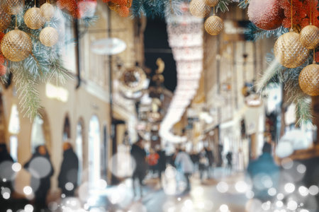 Blurry image of a busy city street with people walking and a Christmas tree decoration hanging over the streetの写真素材