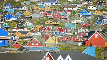 Colorful houses of Qaqortoq, Greenland. The houses are all different colors and sizesの写真素材