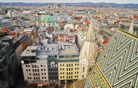 Vienna city center panorama view from St Stephan's cathedral. Capital city of Vienna in Austria, cityscape from the city center and downtownの写真素材