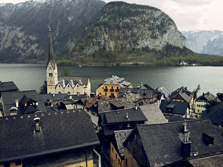 The village of Hallstatt, Austria. The famous fairytale European world heritage village Hallstatt, Austria on a rainy day.の写真素材