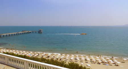 Beach on the Black Sea coast, Burgas, Bulgaria. Summer seascape of Burgas bay.