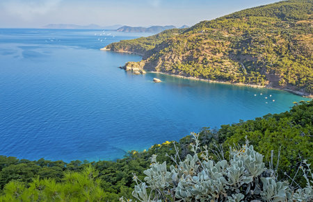 View of calm sea. Kabak Bay in Fethiye district, Turkey is located on the Mediterranean Sea at the foot of the Western Taurusの写真素材