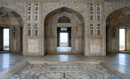 Interior of Agra Red Fort in India. Shish Mahal (Mirror Palace) is an imperial bath. The walls are covered with floral inlay.の写真素材