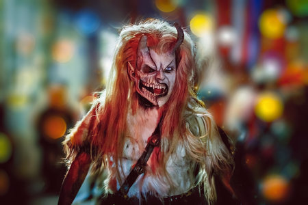 Wooden satan mask with horns. Devils Krampus. Evil face. Close-up on evil and scary face. Horror and...