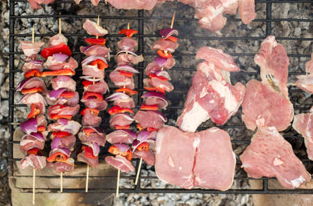 Barbecue with beef, pork, onion, pepper and chops is baken on a grill.の写真素材