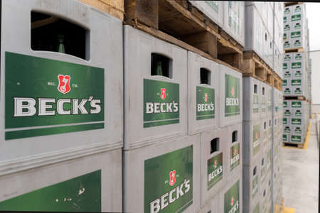 Packs with bottles Becks beer are seen in the Molson Coors Kamenitza brewery storage lot, April 28, 2015, near the city of Haskovo, Bulgaria. Kamenitza brewery has been founded in 1881, and Molson Coors Brewing Company bought it in 2012.のeditorial素材