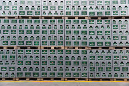 Packs with bottles Becks beer are seen in the Molson Coors Kamenitza brewery storage lot, April 28,...