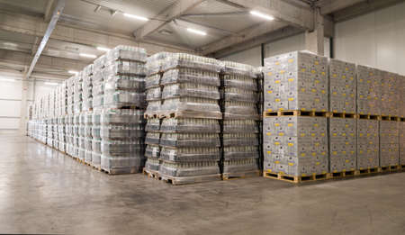 Packs Staropramen and Hoegaarden beer bottles are seen in the Molson Coors Kamenitza brewery warehouse, April 28, 2015, near the city of Haskovo, Bulgaria. Kamenitza brewery has been founded in 1881, and Molson Coors Brewing Company bought it in 2012.のeditorial素材