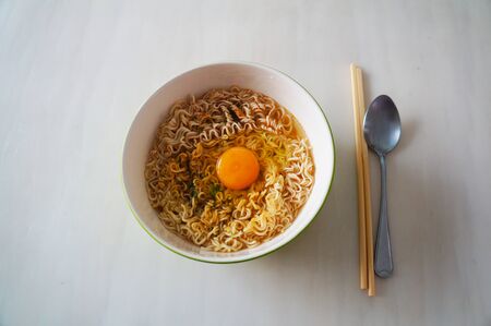 instant noodle soup lunch egg spoon chopstick