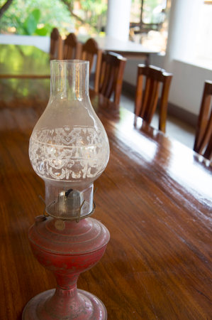 table top lamp wood wooden teak reflectionの写真素材