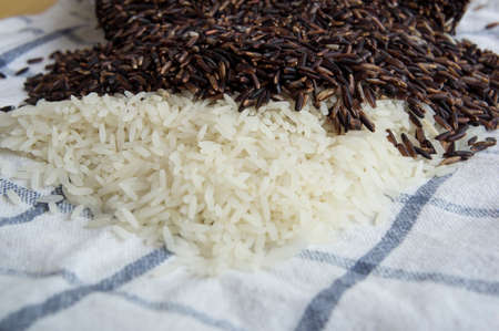 whole grain white rice on cloth