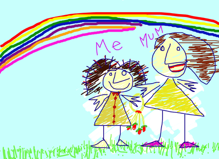 child drawing paint rainbow mother loveの写真素材