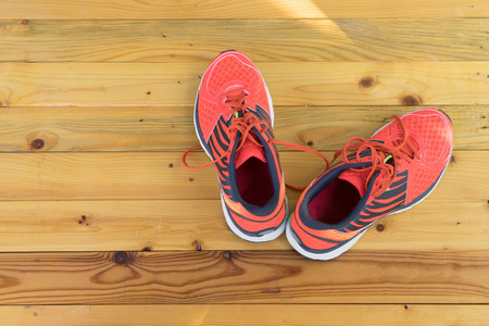 Sneaker on wooden floor for runningの写真素材