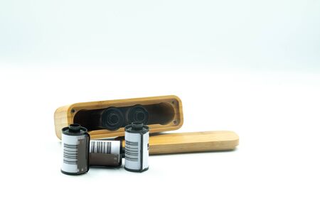 Wooden Case for Camera Films Preparing for Travel Isolate on White Background