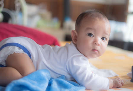 little baby with dirty face hurry to go to play after meal