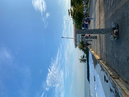 A view from the top of the building to the sea and skyの写真素材