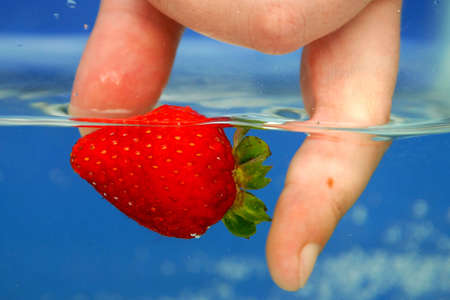 strawberry being plucked out of waterの写真素材