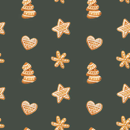 Christmas gingerbread seamless pattern. Ginger cookies on blue background. Watercolor illustration. Cute Xmas background for wallpaper, gift paper,の写真素材