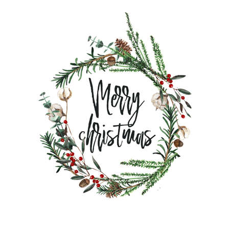 Merry christmas card. Wreath with pine branches and red berries, cotton and pine cones. Round frame with socks, gifts, Hand-drawn watercolor.の写真素材