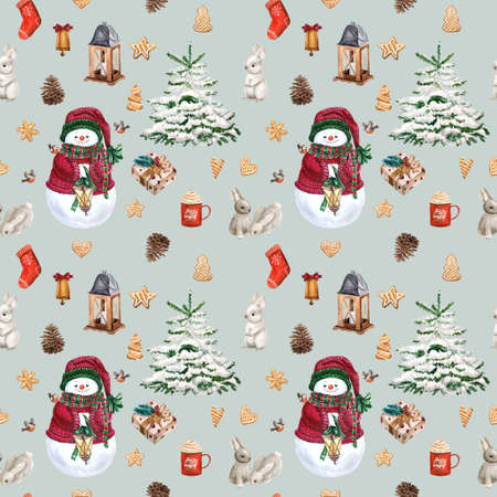 gingerbread cookies, christmas tree branches,snowman, cinnamon, candy cane, lantern. Seamless...