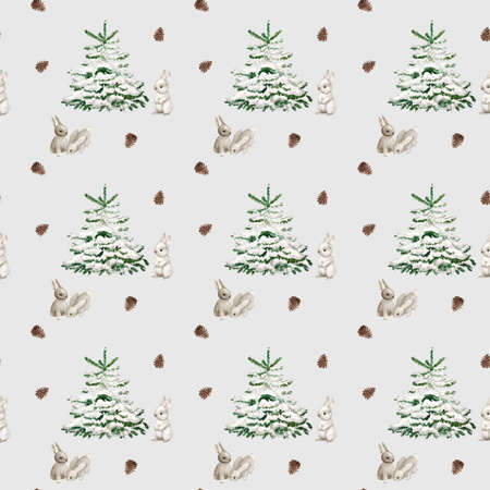 gingerbread cookies, christmas tree branches,snowman, cinnamon, candy cane, lantern. Seamless pattern Watercolor hand drawn backgroundの写真素材
