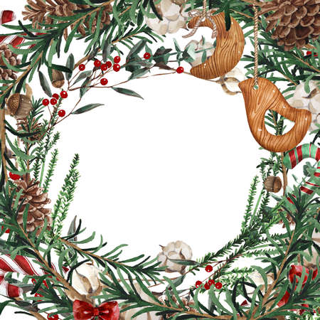 Wreath with pine branches and red berries, cotton and pine cones. Round frame for Christmas cards and winter design illustration.の写真素材