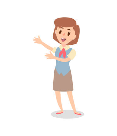 Animate sales person character. Female personage constructor. Different woman postures. Vector set personage.のイラスト素材