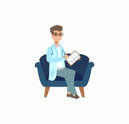 Funny character design. Cartoon illustration. Healthcare concept creator. male medic personage.のイラスト素材