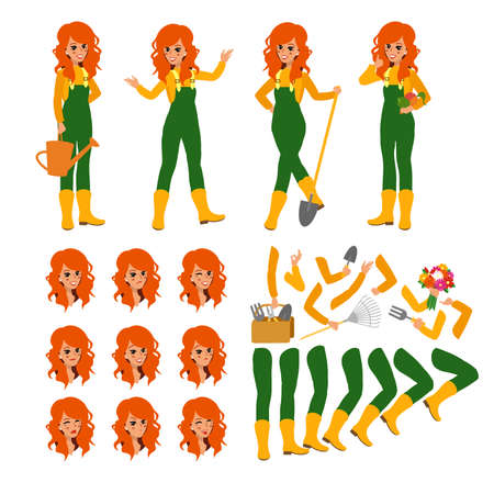 Funny character design. Cartoon illustration. Garden care concept creator. Female groundskeeper personage.のイラスト素材