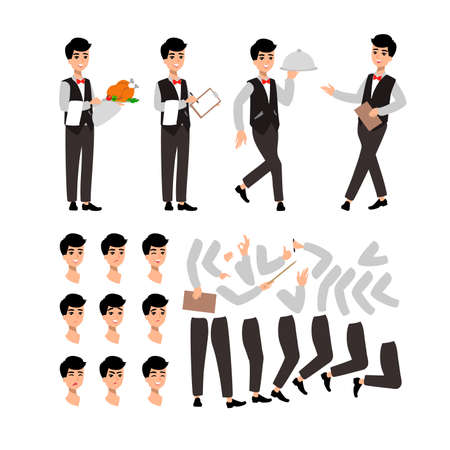 waiter wearing the uniform holding a dish of chicken cartoon character. Set of fun flat cartoon person.のイラスト素材