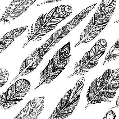 Seamless pattern with ethnic feathers. Tribal Feathers Vintage Pattern. Hand Drawn Doodles.のイラスト素材