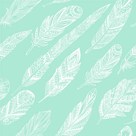 Seamless pattern with ethnic feathers. Tribal Feathers Vintage Pattern. Hand Drawn Doodles.のイラスト素材