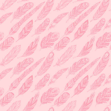 Seamless pattern with ethnic feathers. Tribal Feathers Vintage Pattern. Hand Drawn Doodles.のイラスト素材