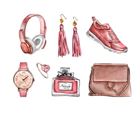 Fashion. Set of trendy accessories. Bag, earrings, watches, sneakers, perfume,ring. Hand drawn...