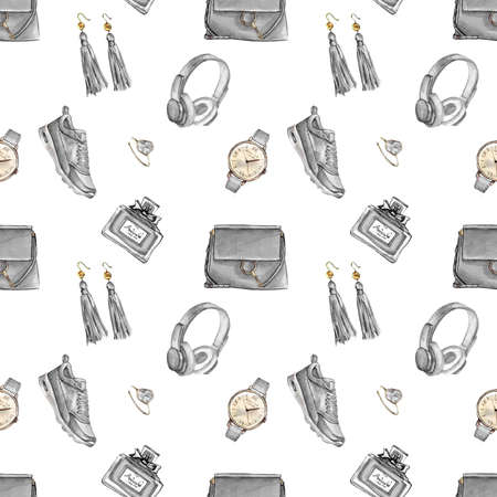 Fashion. Set of trendy accessories. Bag, earrings, watches, sneakers, perfume,ring. Hand drawn illustration. - Illustrationの写真素材