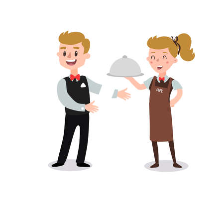 waiter wearing the uniform holding a dish of chicken cartoon character. Set of fun flat cartoon person.のイラスト素材