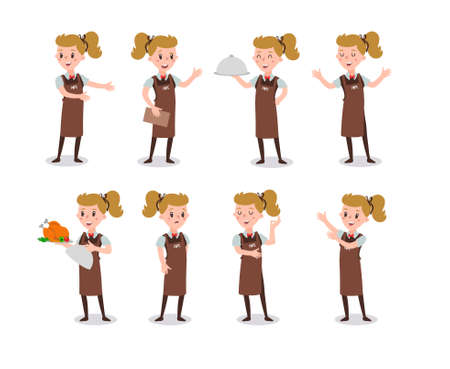 waiter wearing the uniform holding a dish of chicken cartoon character. Set of fun flat cartoon person.のイラスト素材