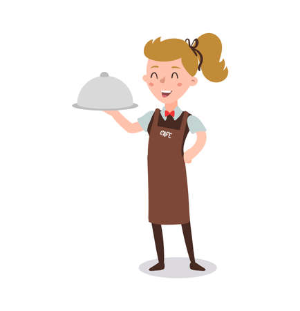waiter wearing the uniform holding a dish of chicken cartoon character. Set of fun flat cartoon person.のイラスト素材