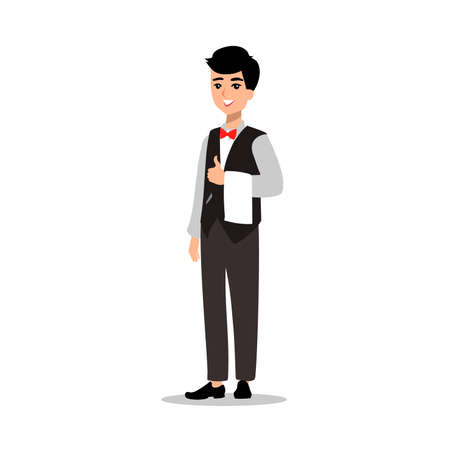 waiter wearing the uniform holding a dish of chicken cartoon character. Set of fun flat cartoon person.のイラスト素材
