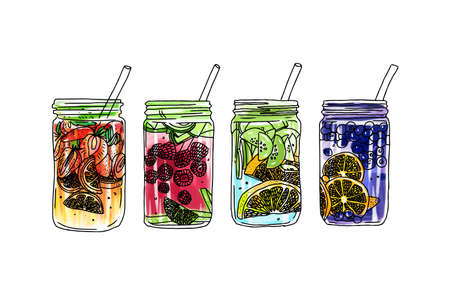 vector summer ice drink with citrus and berries. Lemon and mint. Detox water sketch. Linear illustration.のイラスト素材
