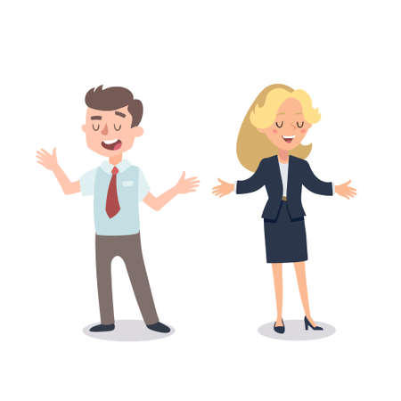 Man and woman present a project. Vector illustration with cartoon characters. Team building. Leadership. Management.のイラスト素材
