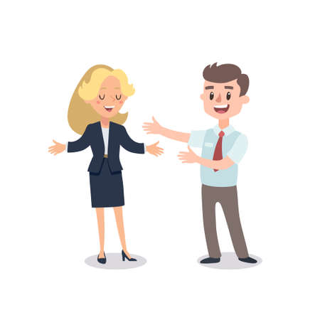 Man and woman present a project. Vector illustration with cartoon characters. Team building. Leadership. Management.のイラスト素材
