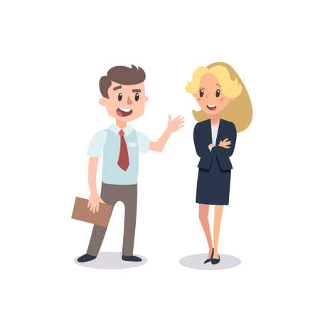 Man and woman present a project. Vector illustration with cartoon characters. Team building. Leadership. Management.のイラスト素材
