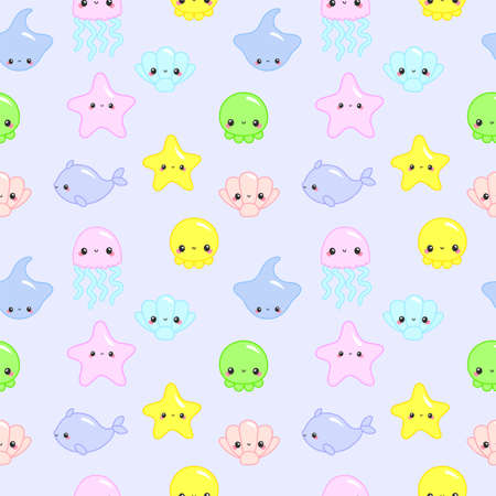 Cute colorful cartoon sea animals in circle for baby designs, kids invitations and summer greeting cards. Cute vector ocean set with sea creatures for girls and boys summer baby showerのイラスト素材