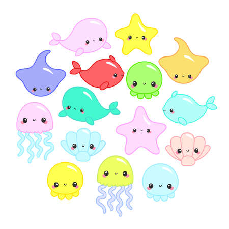 Cute colorful cartoon sea animals in circle for baby designs, kids invitations and summer greeting cards. Cute vector ocean set with sea creatures for girls and boys summer baby showerのイラスト素材
