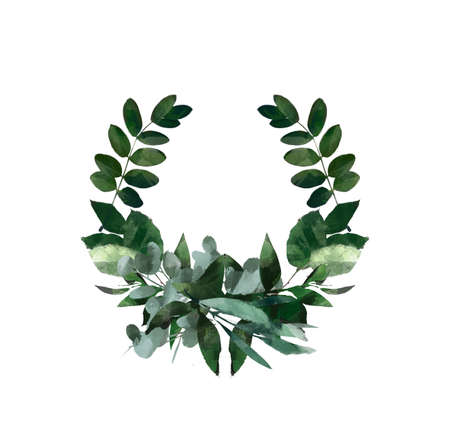 Watercolor modern decorative element.  Eucalyptus round Green leaf Wreath, greenery branches, garland, border, frame, elegant watercolor isolated,の写真素材