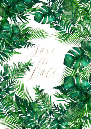 Wedding floral watercolor style invite, invitation, save the date card design with forest greenery herbs, leaves, eucalyptus branches, fern fronds.  natural, botanical, elegant templateの写真素材
