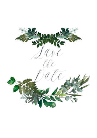 Wedding floral watercolor style invite, invitation, save the date card design with forest greenery herbs, leaves, eucalyptus branches, fern fronds. natural, botanical, elegant templateの写真素材