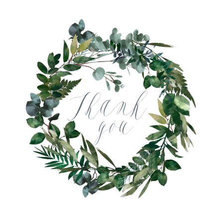 Hand drawn watercolor card thank you. Soft green leaves and branches.の写真素材