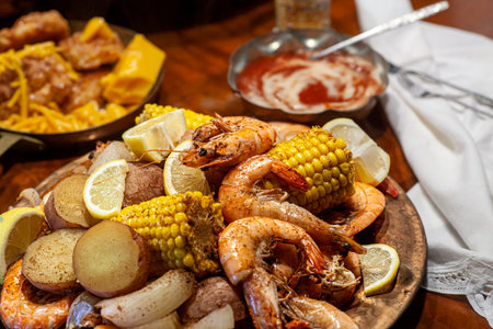 Boiled shrimp with corn, potatoes and onion.の写真素材